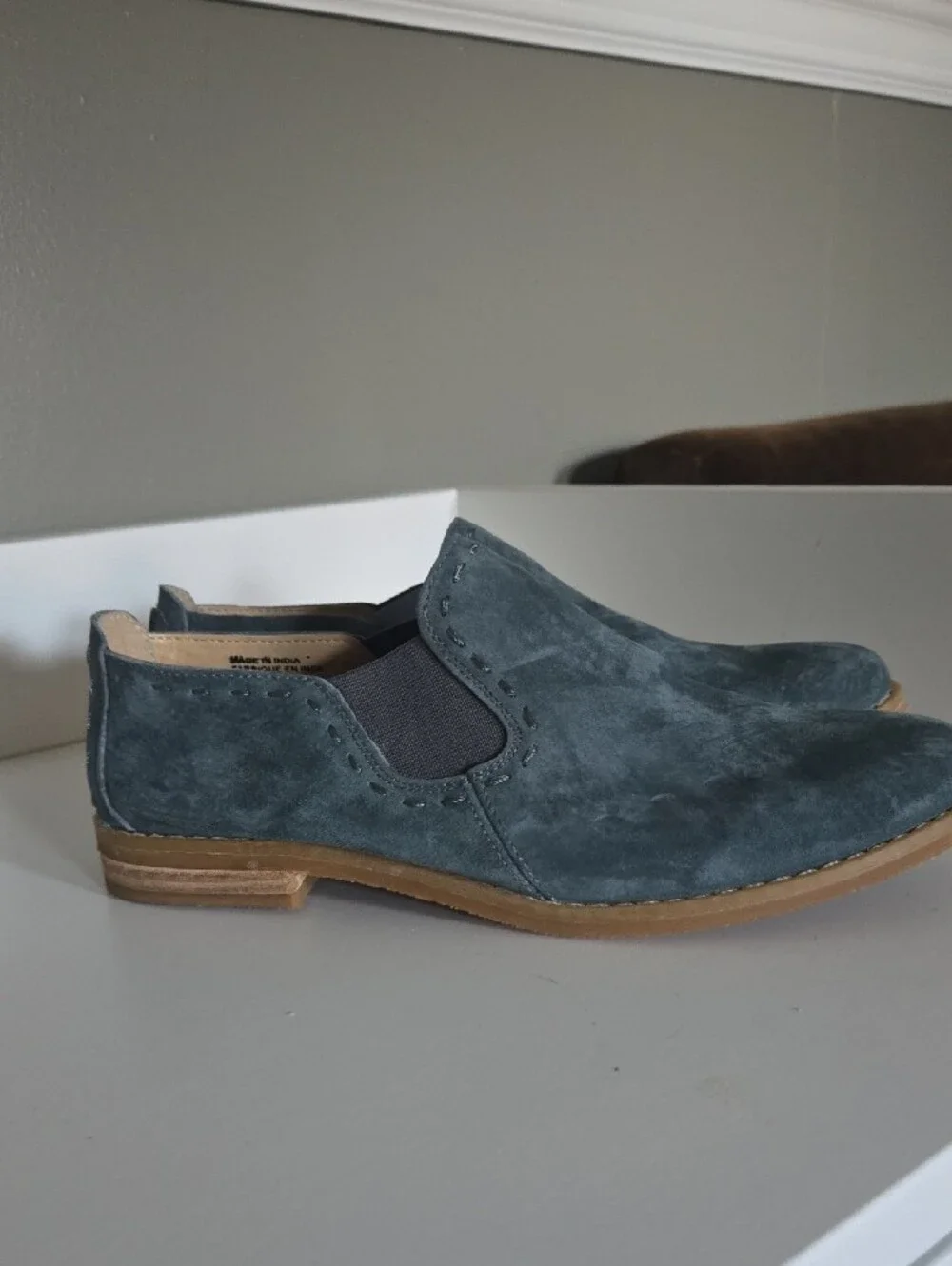 Hush Puppies Slate Blue Suede Slip On Loafers with Tan Crepe Sole